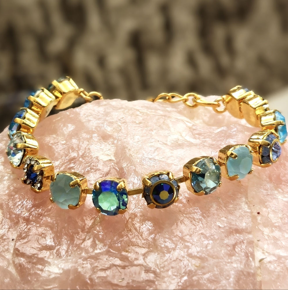 Aquamarine Light Blue Flower Crystals AB In Classic Tennis Gold Plated Bracelet - Picture 2 of 7